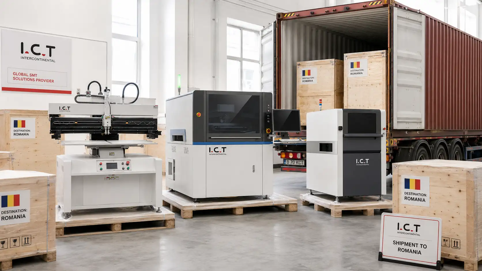 I.C.T vận chuyển thiết bị ti&ecirc;n tiến SMT đến Romania để hỗ trợ mở rộng sản xuất điện tử.webp
